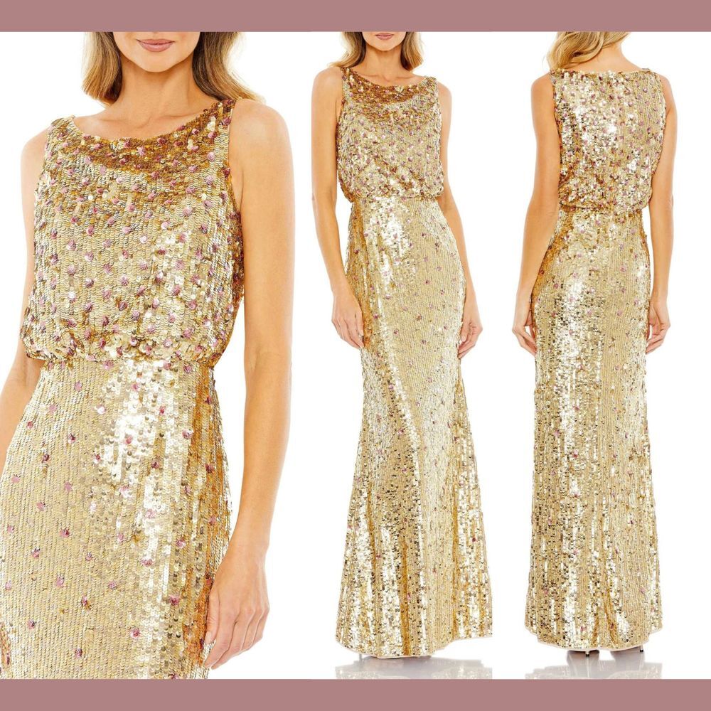 NWT $1398 Mac Duggal [ 14 ] 93645 Sequined Sleeveless High‎ Neck Gown Gold